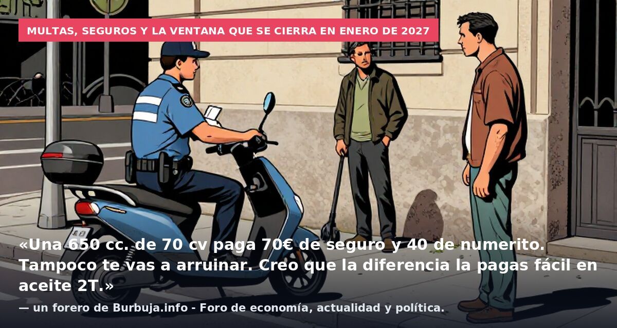 Multas, seguros y la ventana que se cierra en enero de 2027: «Una 650 cc. de 70 cv paga 70€ de seguro y 40 de numerito. Tampoco te vas a arruinar. Creo que la diferencia la pagas fácil en aceite 2T.» — un forero de Burbuja.info - Foro de economía, ac