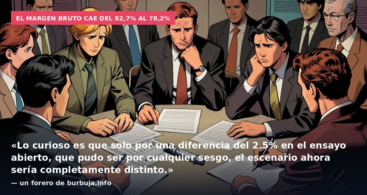 El margen bruto cae del 82,7% al 78,2%: «Lo curioso es que solo por una diferencia del 2.5% en el ensayo abierto, que pudo ser por cualquier sesgo, el escenario ahora sería completamente distinto.» — un forero de burbuja.info