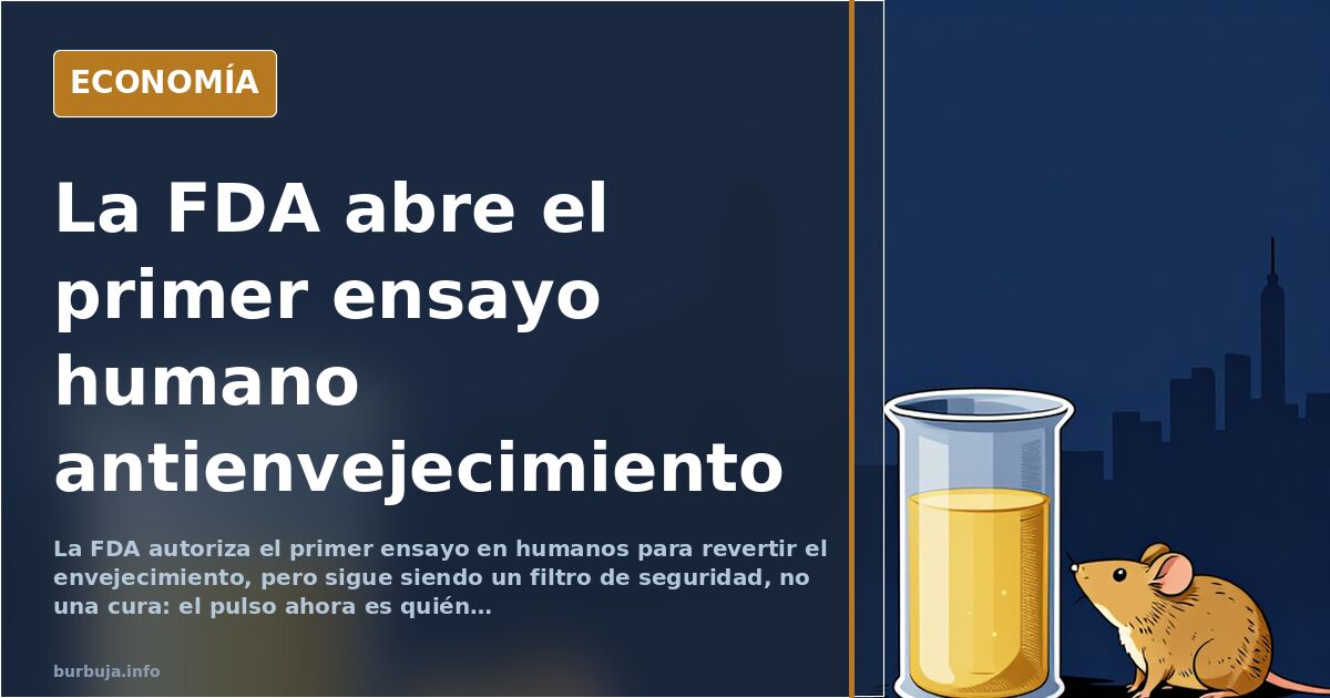 Ilustración editorial de un ratón de laboratorio junto a una probeta dorada y gráficos de longevidad en tonos azul marino
