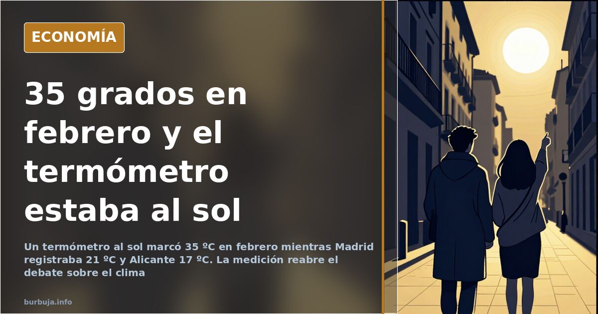Primer plano de un termómetro al sol en el marco de una ventana, con la fachada del edificio y cielo despejado