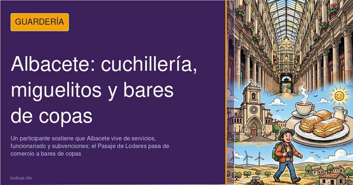 Ilustración de un pasaje de Albacete con un museo de cuchillería y un plato de miguelitos junto a una terraza
