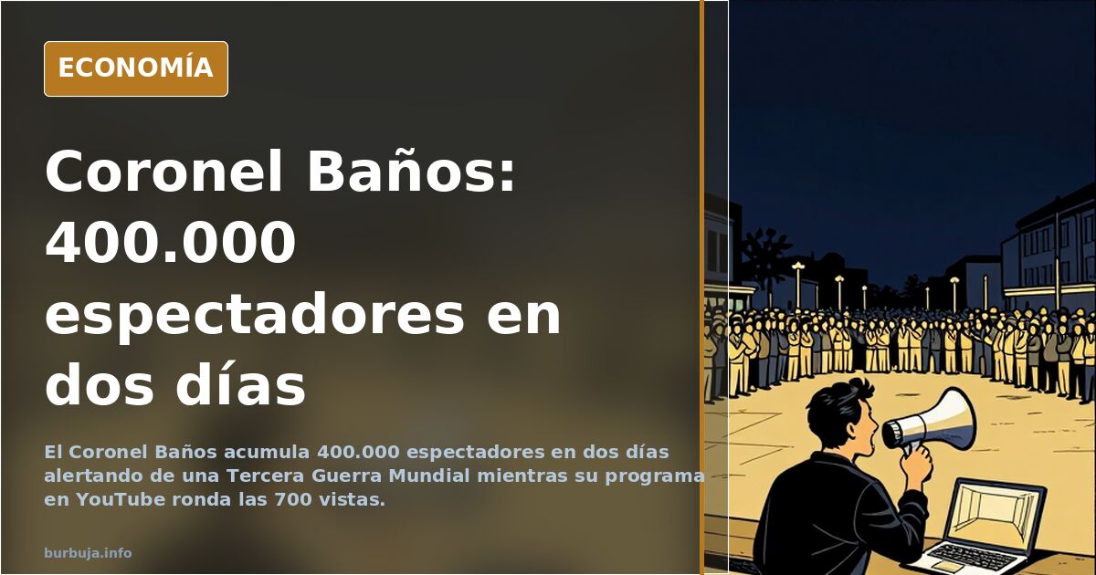 Ilustración editorial del Coronel Baños ante un micrófono con un mapa del mundo en tensión de fondo