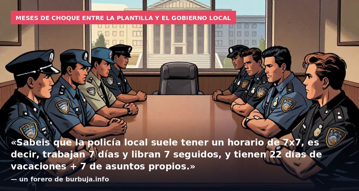 Meses de choque entre la plantilla y el gobierno local: «Sabeis que la policía local suele tener un horario de 7x7, es decir, trabajan 7 días y libran 7 seguidos, y tienen 22 días de vacaciones + 7 de asuntos propios.» — un forero de burbuja.info