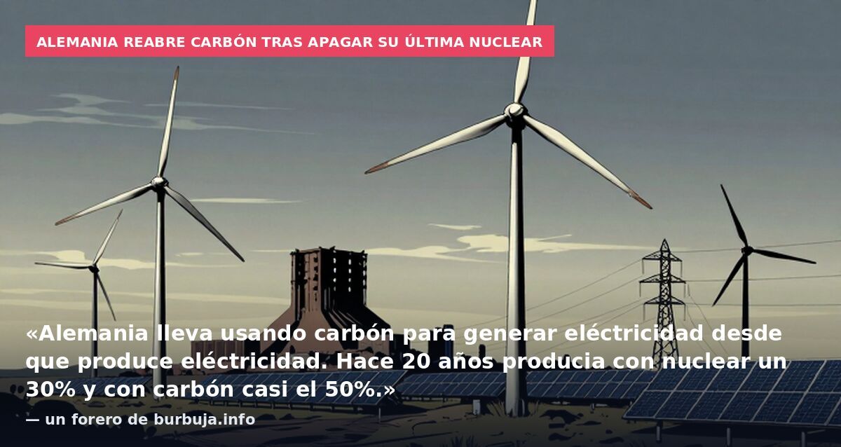 Alemania reabre carbón tras apagar su última nuclear: «Alemania lleva usando carbón para generar eléctricidad desde que produce eléctricidad. Hace 20 años producia con nuclear un 30% y con carbón casi el 50%.» — un forero de burbuja.info