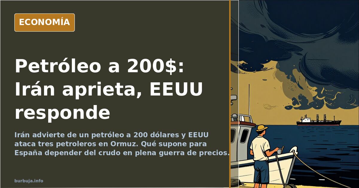 Ilustración editorial nocturna con buques y plataformas petrolíferas en el estrecho de Ormuz bajo un cielo tenso y dorado