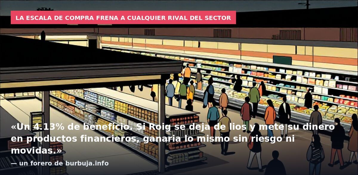 La escala de compra frena a cualquier rival del sector: «Un 4.13% de beneficio. Si Roig se deja de lios y mete su dinero en productos financieros, ganaria lo mismo sin riesgo ni movidas.» — un forero de burbuja.info