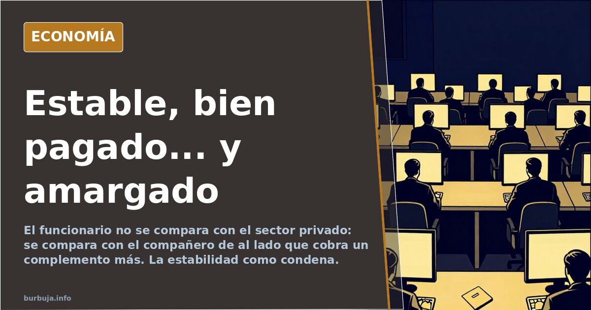 Ilustración editorial de una oficina pública con funcionarios en sus puestos frente a ordenadores y gesto de descontento