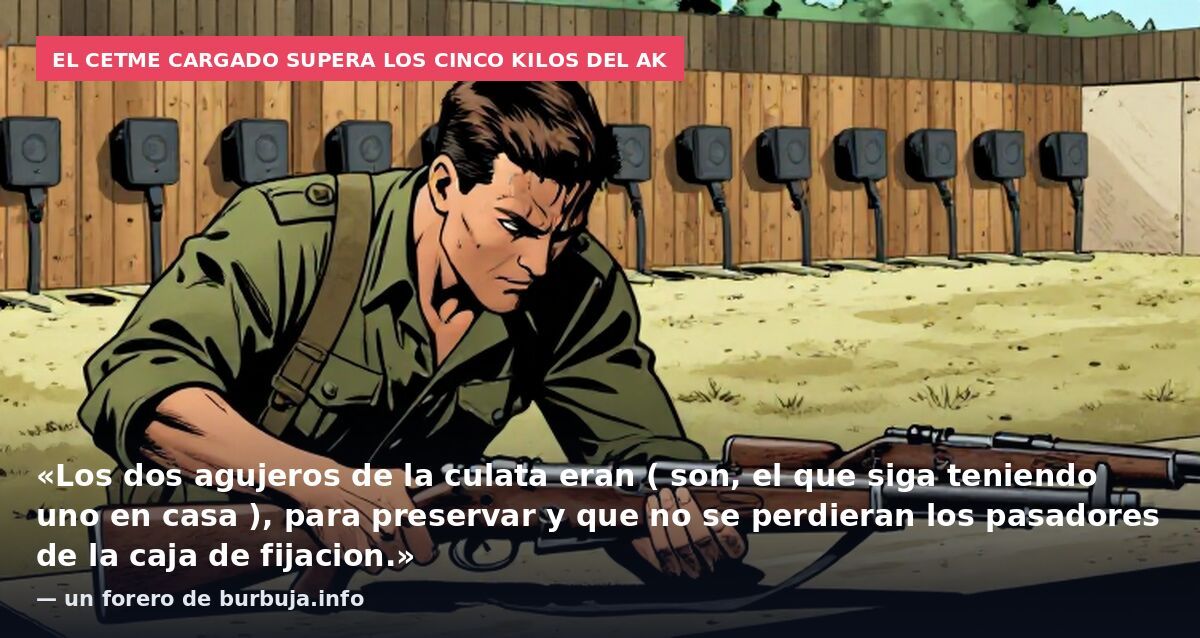 El CETME cargado supera los cinco kilos del AK: «Los dos agujeros de la culata eran ( son, el que siga teniendo uno en casa ), para preservar y que no se perdieran los pasadores de la caja de fijacion.» — un forero de burbuja.info