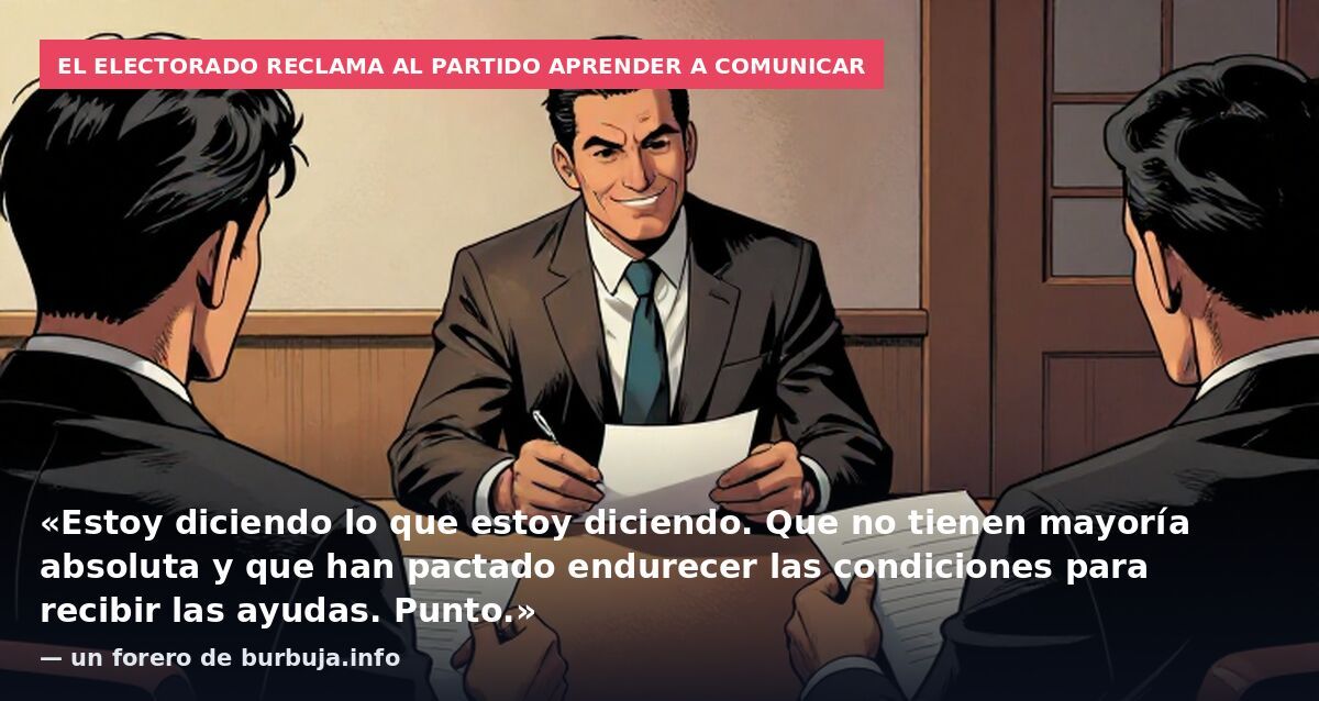 El electorado reclama al partido aprender a comunicar: «Estoy diciendo lo que estoy diciendo. Que no tienen mayoría absoluta y que han pactado endurecer las condiciones para recibir las ayudas. Punto.» — un forero de burbuja.info