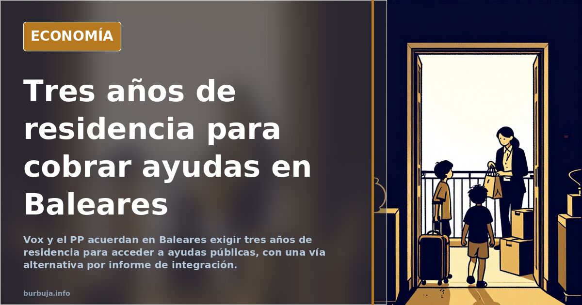 Ilustración editorial de un documento oficial sellado y un edificio institucional balear sobre residencia y ayudas públicas