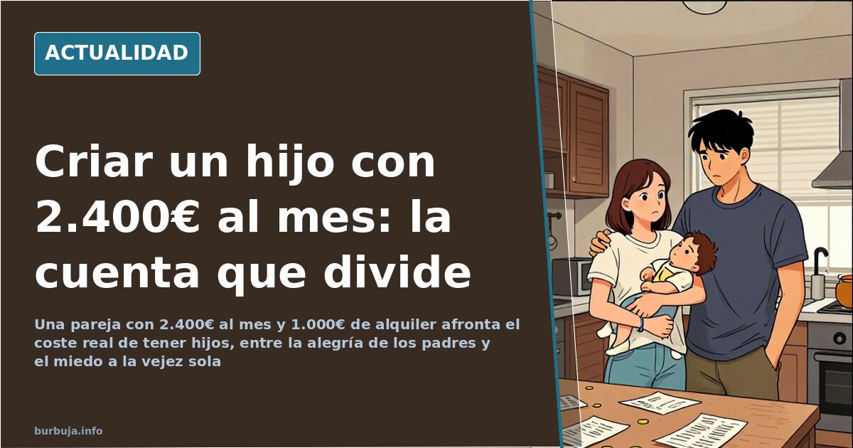 Pareja joven revisando cuentas domésticas ante una cesta de la compra, ilustración sobre el coste de tener hijos en España