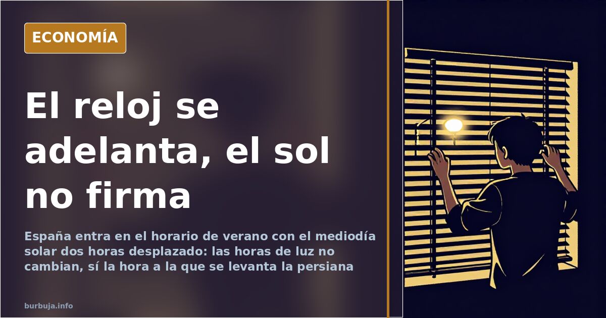 Reloj de agujas sobre un mapa de España con el meridiano de Greenwich señalado y un sol bajo en el horizonte al atardecer