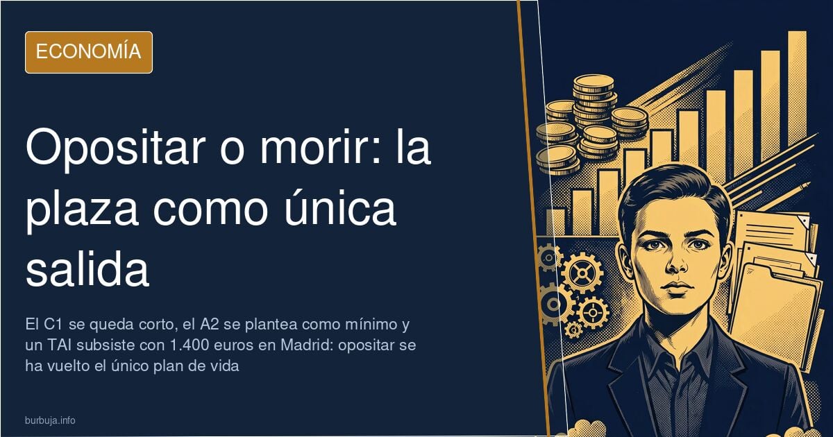 Ilustración editorial de opositores en fila ante una puerta dorada, con gráficos financieros y monedas al fondo