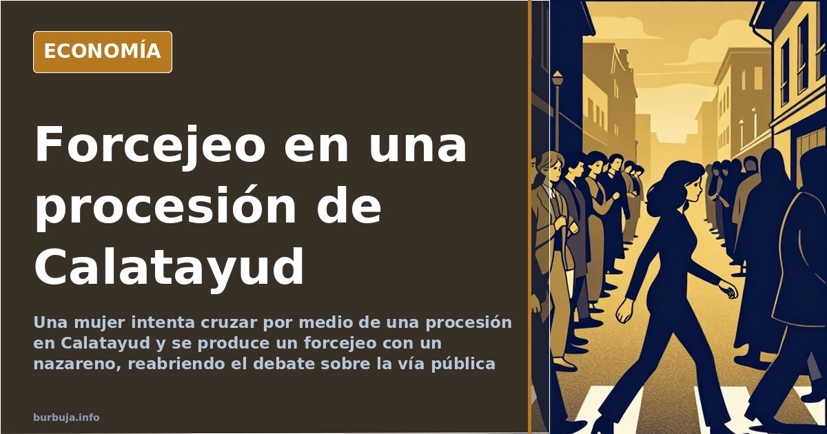 Nazareno con trompeta cerrando el paso en una procesión de Calatayud ante una mujer que intenta cruzar
