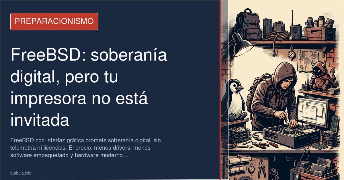 Instalación de FreeBSD con entorno gráfico en un escritorio, con terminal y gestor de ventanas mostrando la guía de configura