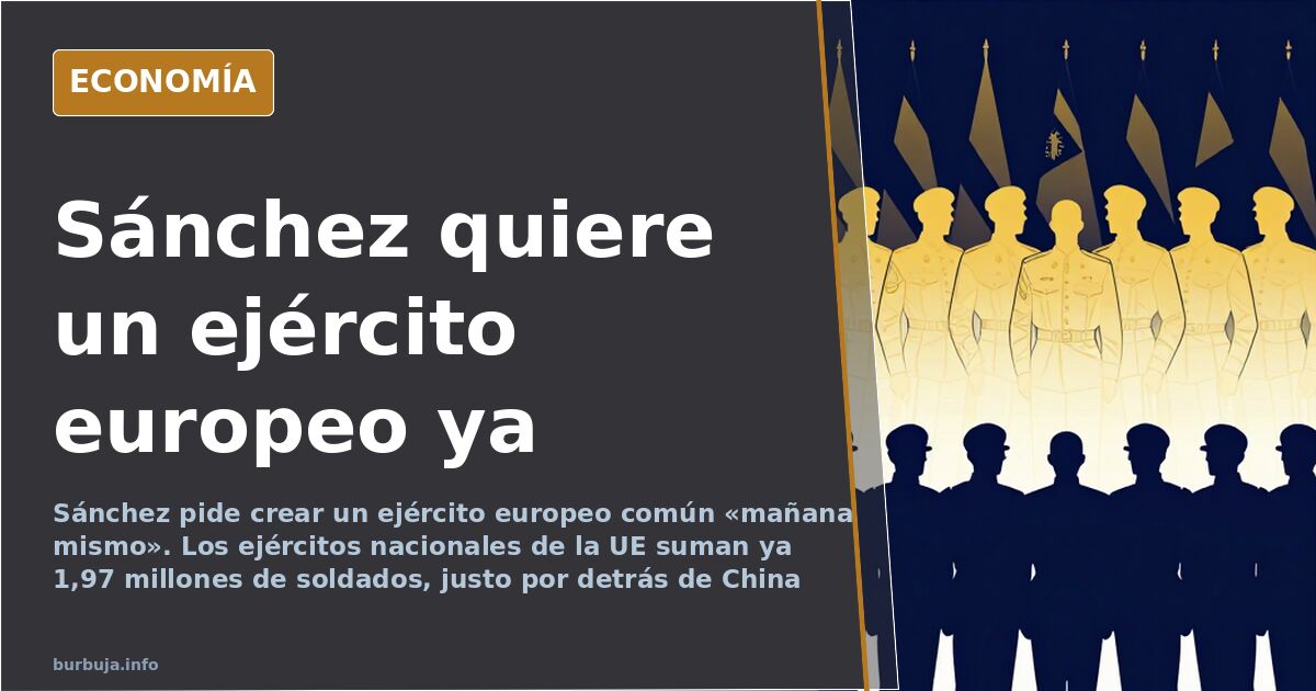 Fila de soldados con uniformes distintos ante banderas de la Unión Europea en ilustración editorial azul marino y dorado