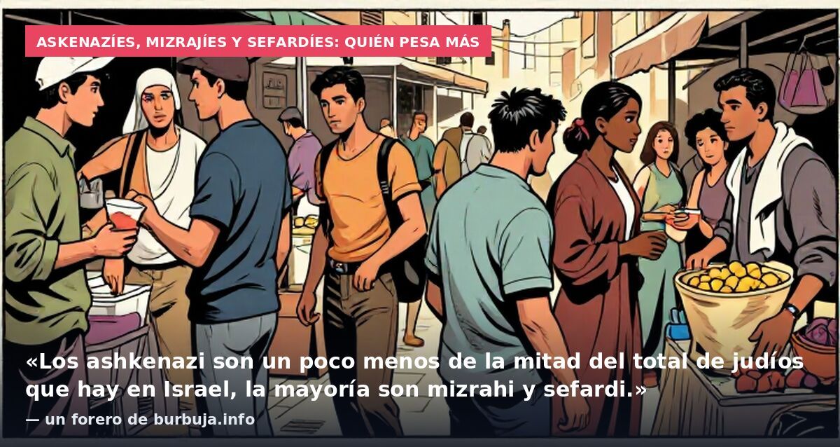 Askenazíes, mizrajíes y sefardíes: quién pesa más: «Los ashkenazi son un poco menos de la mitad del total de judíos que hay en Israel, la mayoría son mizrahi y sefardi.» — un forero de burbuja.info