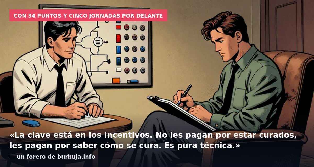 Con 34 puntos y cinco jornadas por delante: «La clave está en los incentivos. No les pagan por estar curados, les pagan por saber cómo se cura. Es pura técnica.» — un forero de burbuja.info