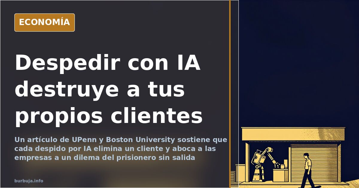 Ilustración editorial de una oficina vacía con pantallas encendidas y una cadena de despidos por IA que corta el flujo de cli