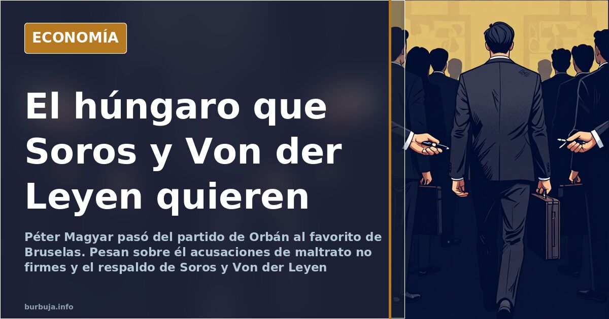 Ilustración editorial de Péter Magyar ante un mapa de Europa con Hungría destacada en tonos azul marino y dorado