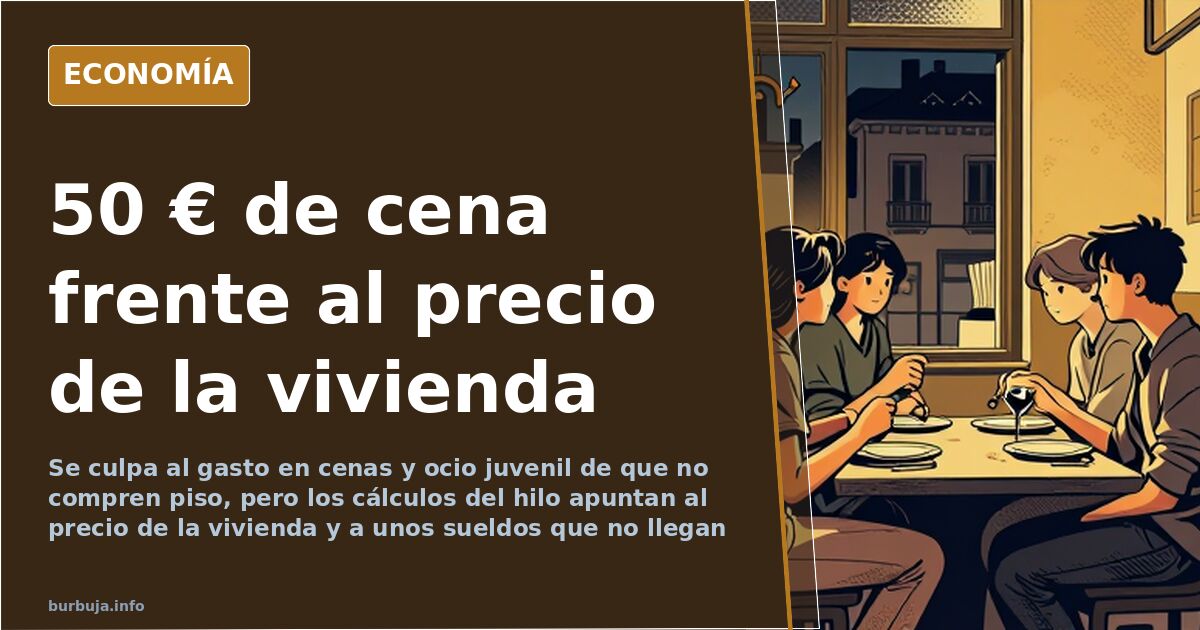Mesa de restaurante con una cena servida y, al fondo, un edificio de viviendas con cartel de venta
