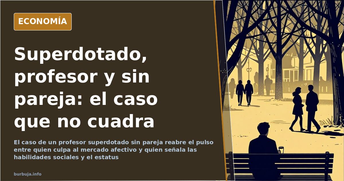 Ilustración editorial de un profesor superdotado rodeado de libros y gráficos económicos sobre el mercado afectivo
