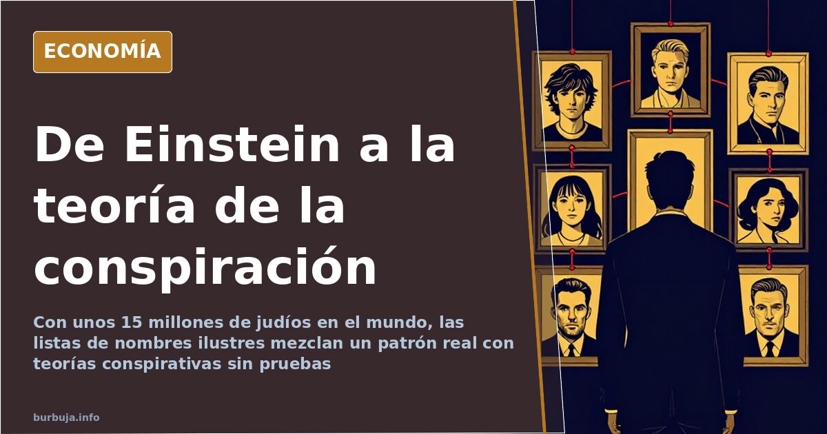 Composición editorial con una pila de libros, siluetas de figuras científicas y una lupa sobre la idea de judíos brillantes