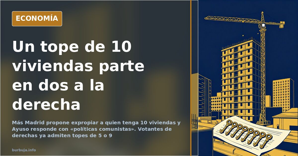 Bloque de viviendas en Madrid con grúas al fondo, ilustración editorial en azul marino y dorado sobre la crisis del alquiler