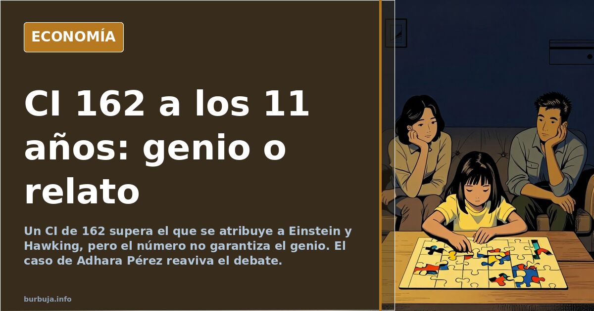Ilustración editorial de una niña frente a una pizarra con fórmulas y una curva de coeficiente intelectual sobre fondo azul