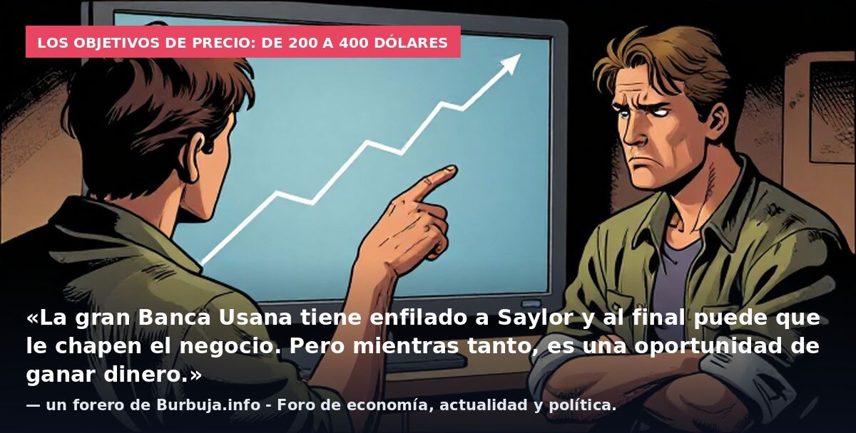 Los objetivos de precio: de 200 a 400 dólares: «La gran Banca Usana tiene enfilado a Saylor y al final puede que le chapen el negocio. Pero mientras tanto, es una oportunidad de ganar dinero.» — un forero de Burbuja.info - Foro de economía, actualida