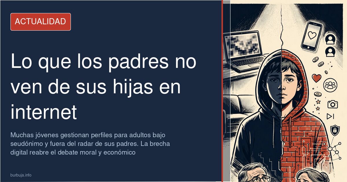 Padres mirando la pantalla de un móvil junto a una joven de espaldas, reflejando la brecha digital que oculta su vida online