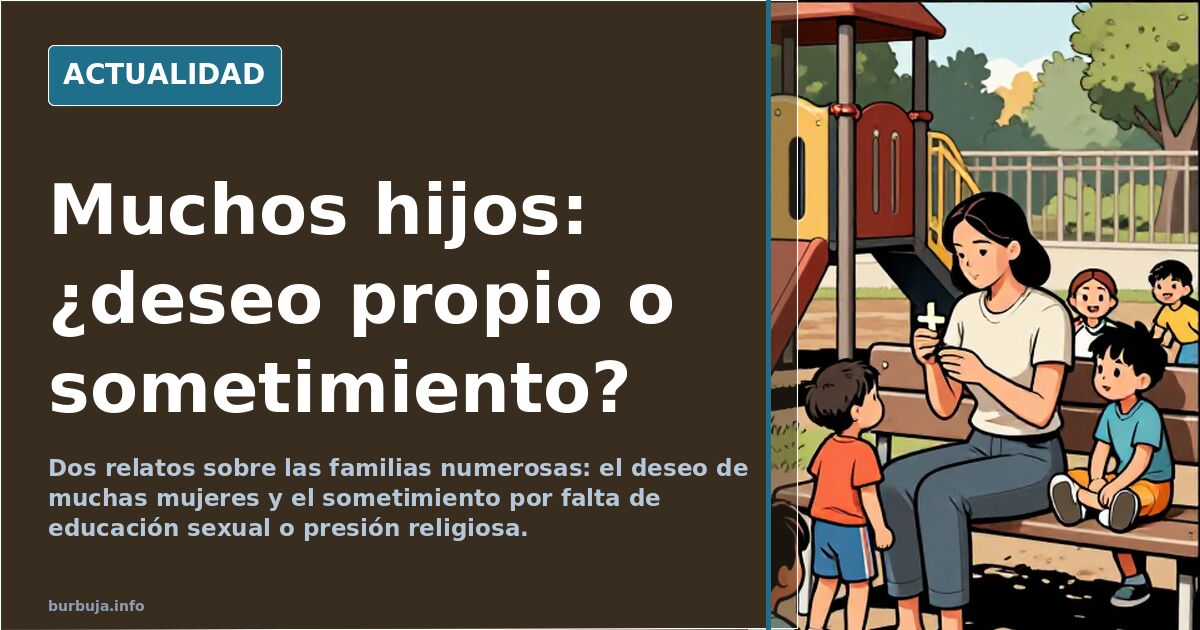 Familia numerosa en un parque con varios niños jugando y adultos observando, ilustración editorial sobre natalidad