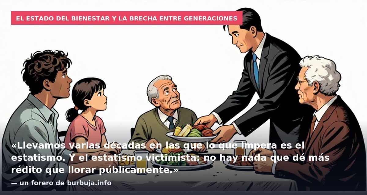 El Estado del bienestar y la brecha entre generaciones: «Llevamos varias décadas en las que lo que impera es el estatismo. Y el estatismo victimista: no hay nada que dé más rédito que llorar públicamente.» — un forero de burbuja.info