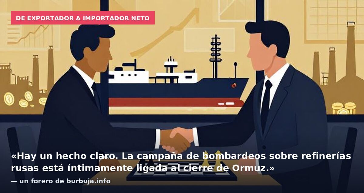 De exportador a importador neto: «Hay un hecho claro. La campaña de bombardeos sobre refinerías rusas está íntimamente ligada al cierre de Ormuz.» — un forero de burbuja.info