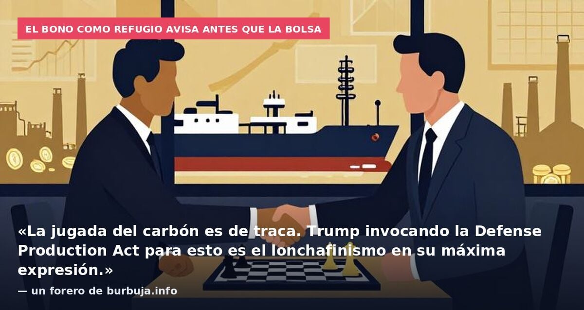 El bono como refugio avisa antes que la Bolsa: «La jugada del carbón es de traca. Trump invocando la Defense Production Act para esto es el lonchafinismo en su máxima expresión.» — un forero de burbuja.info
