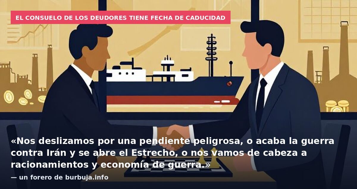 El consuelo de los deudores tiene fecha de caducidad: «Nos deslizamos por una pendiente peligrosa, o acaba la guerra contra Irán y se abre el Estrecho, o nos vamos de cabeza a racionamientos y economía de guerra.» — un forero de burbuja.info