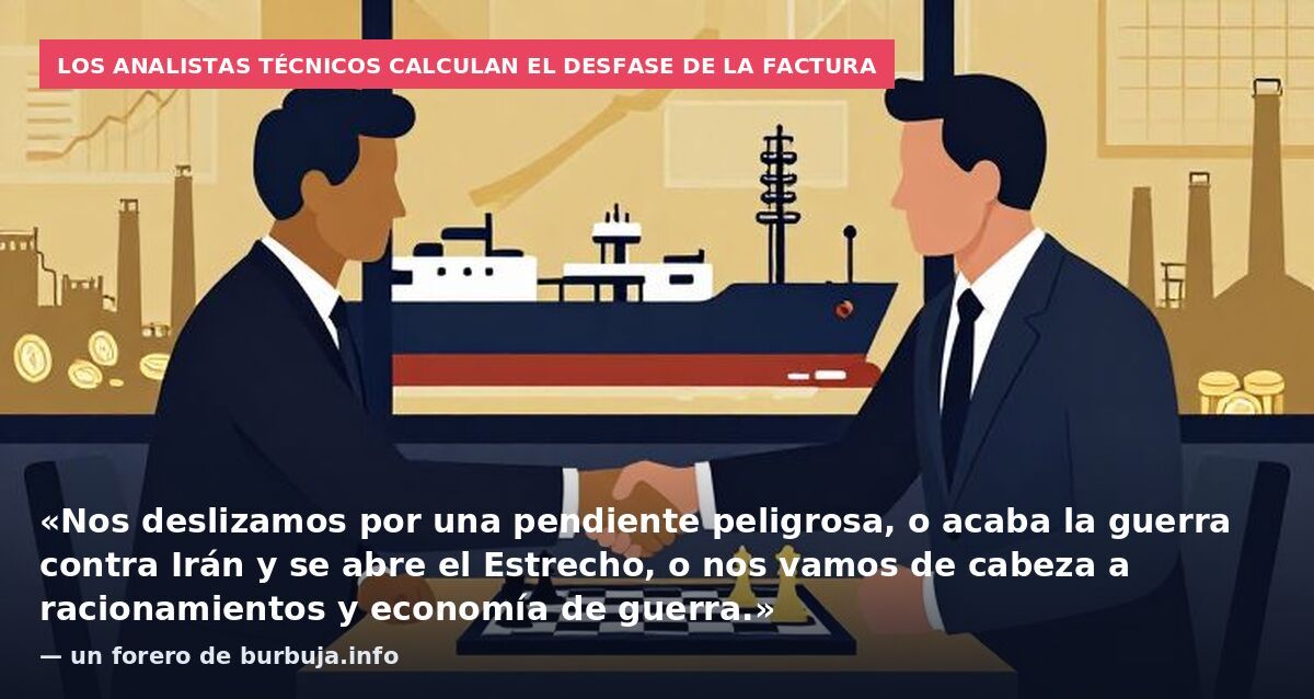 Los analistas técnicos calculan el desfase de la factura: «Nos deslizamos por una pendiente peligrosa, o acaba la guerra contra Irán y se abre el Estrecho, o nos vamos de cabeza a racionamientos y economía de guerra.» — un forero de burbuja.info