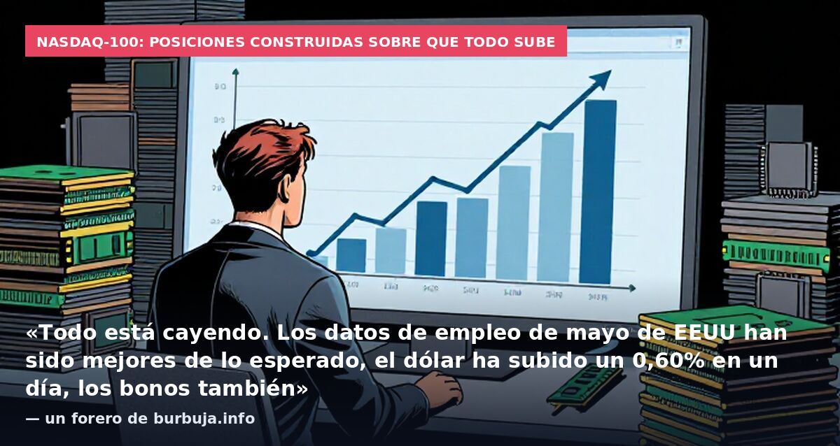 Nasdaq-100: posiciones construidas sobre que todo sube: «Todo está cayendo. Los datos de empleo de mayo de EEUU han sido mejores de lo esperado, el dólar ha subido un 0,60% en un día, los bonos también» — un forero de burbuja.info