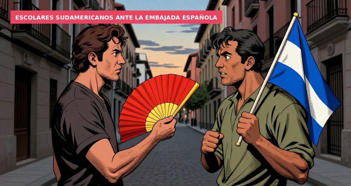 Escolares sudamericanos ante la Embajada española