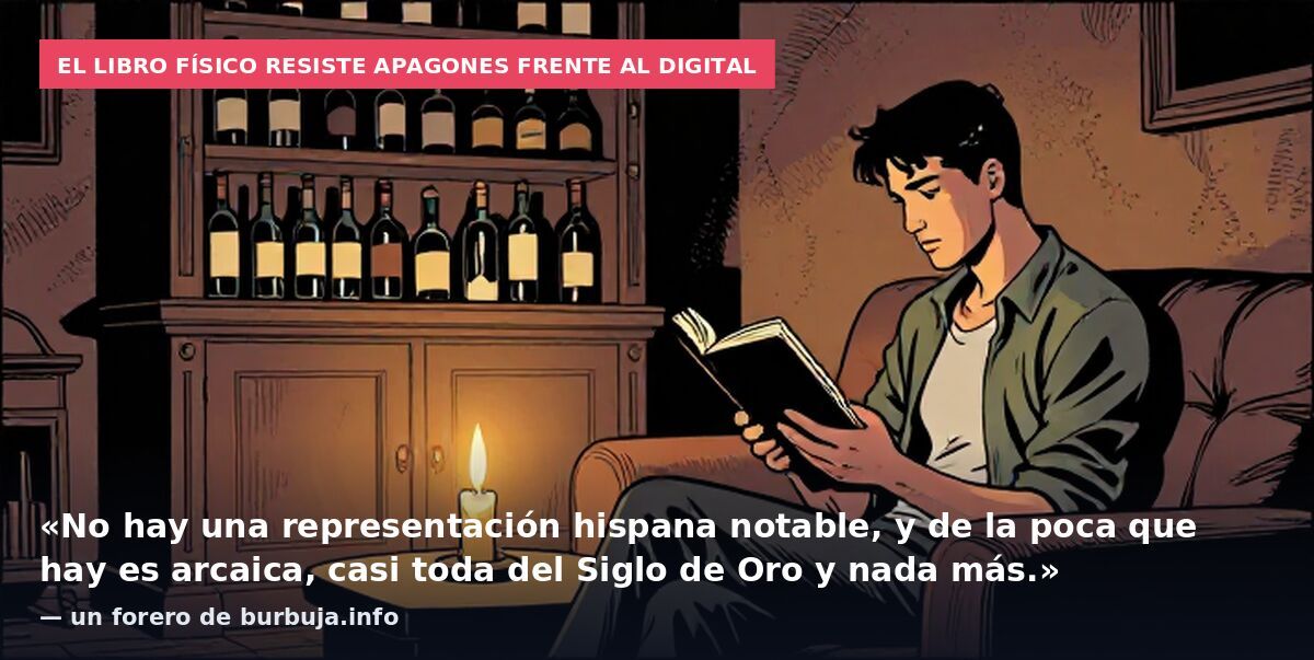 El libro físico resiste apagones frente al digital: «No hay una representación hispana notable, y de la poca que hay es arcaica, casi toda del Siglo de Oro y nada más.» — un forero de burbuja.info