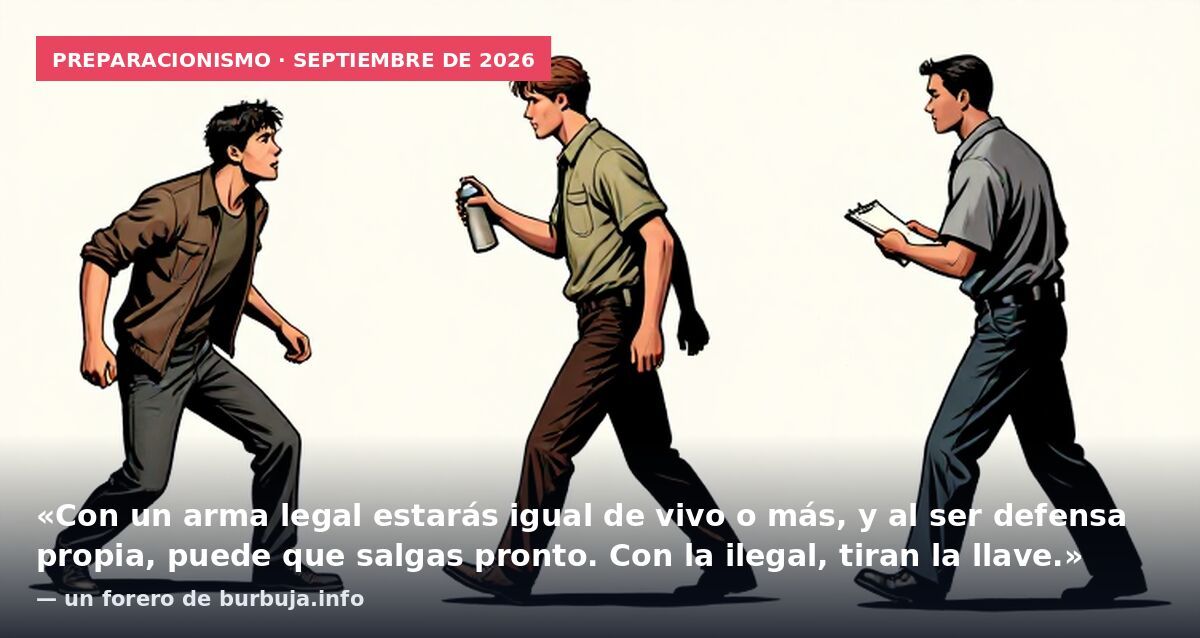 Preparacionismo · septiembre de 2026: «Con un arma legal estarás igual de vivo o más, y al ser defensa propia, puede que salgas pronto. Con la ilegal, tiran la llave.» — un forero de burbuja.info
