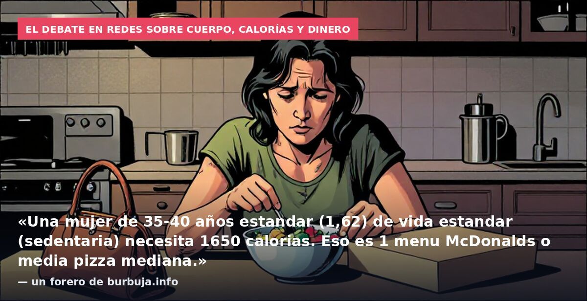 El debate en redes sobre cuerpo, calorías y dinero: «Una mujer de 35-40 años estandar (1,62) de vida estandar (sedentaria) necesita 1650 calorias. Eso es 1 menu McDonalds o media pizza mediana.» — un forero de burbuja.info