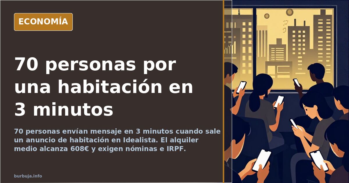 Personas consultando el móvil ante una fachada de Madrid con carteles de se alquila habitación
