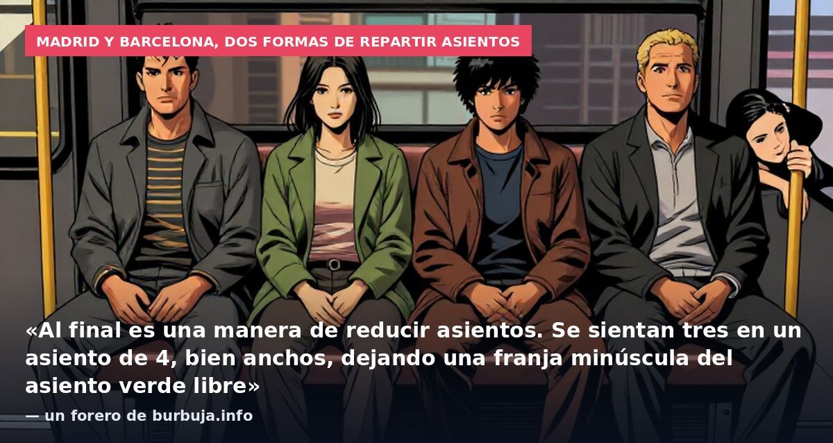 Madrid y Barcelona, dos formas de repartir asientos: «Al final es una manera de reducir asientos. Se sientan tres en un asiento de 4, bien anchos, dejando una franja minúscula del asiento verde libre» — un forero de burbuja.info