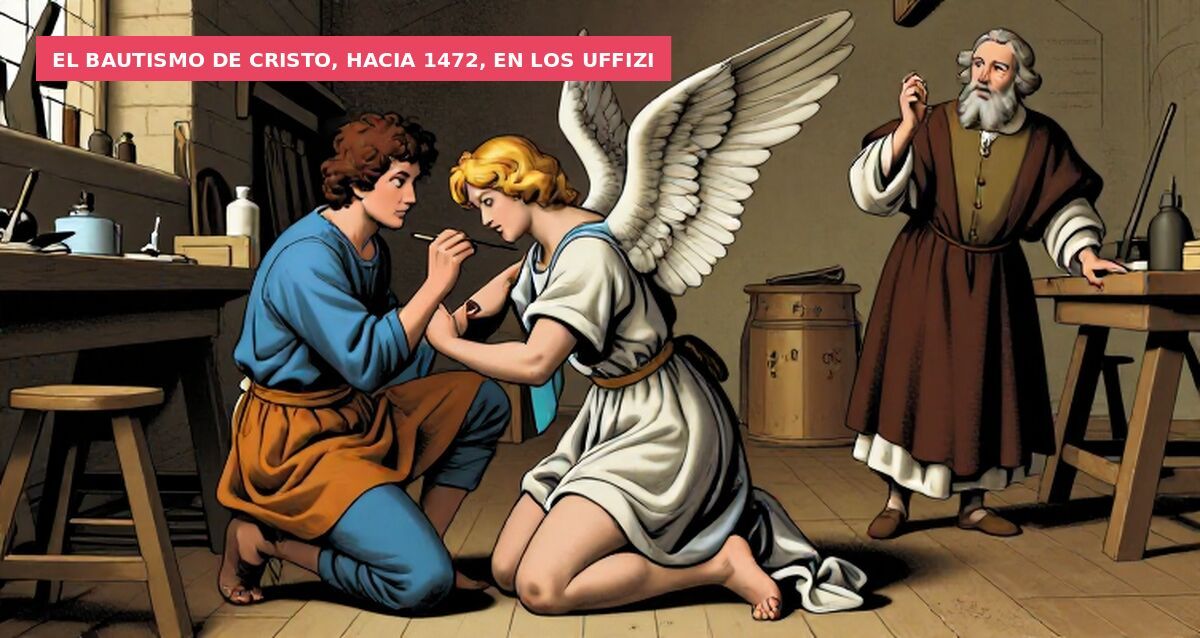 El Bautismo de Cristo, hacia 1472, en los Uffizi