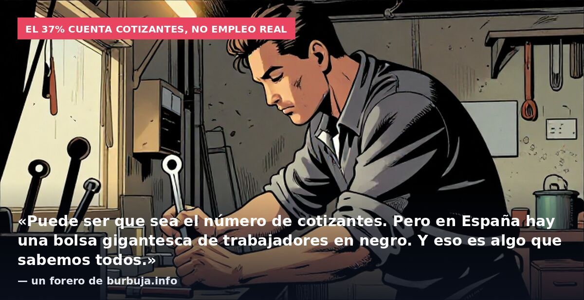 El 37% cuenta cotizantes, no empleo real: «Puede ser que sea el número de cotizantes. Pero en España hay una bolsa gigantesca de trabajadores en negro. Y eso es algo que sabemos todos.» — un forero de burbuja.info