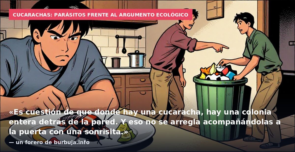 Cucarachas: parásitos frente al argumento ecológico: «Es cuestión de que donde hay una cucaracha, hay una colonia entera detrás de la pared. Y eso no se arregla acompañándolas a la puerta con una sonrisita.» — un forero de burbuja.info