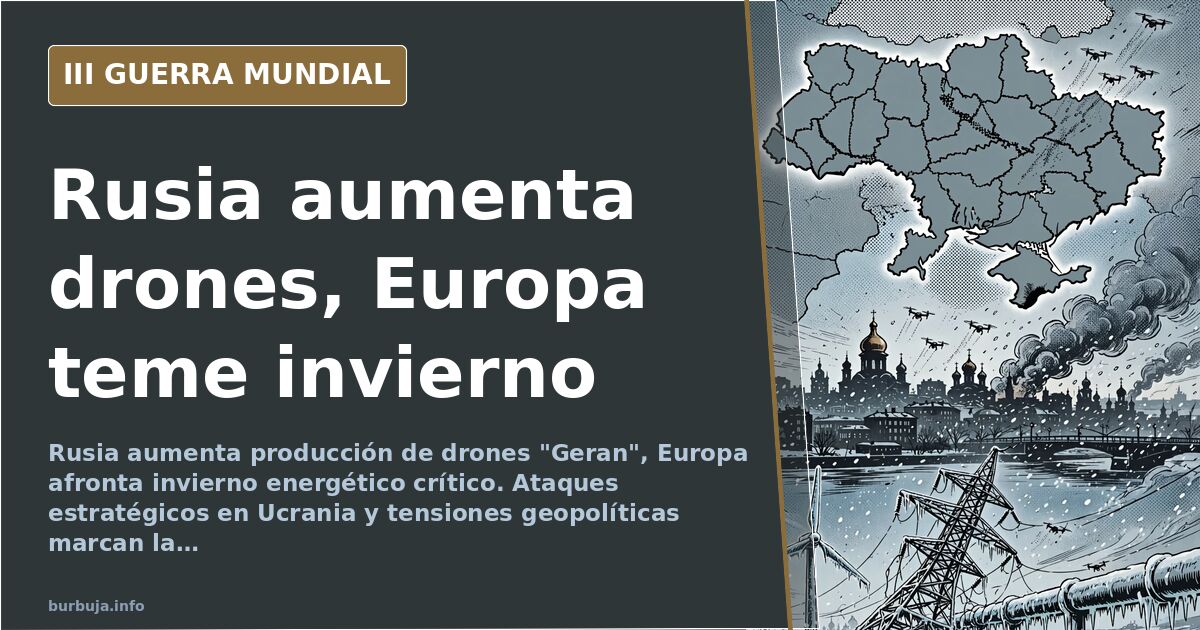 Mapa de Europa con flechas indicando tensiones militares y flujos de energía, siluetas de drones y barcos de gas