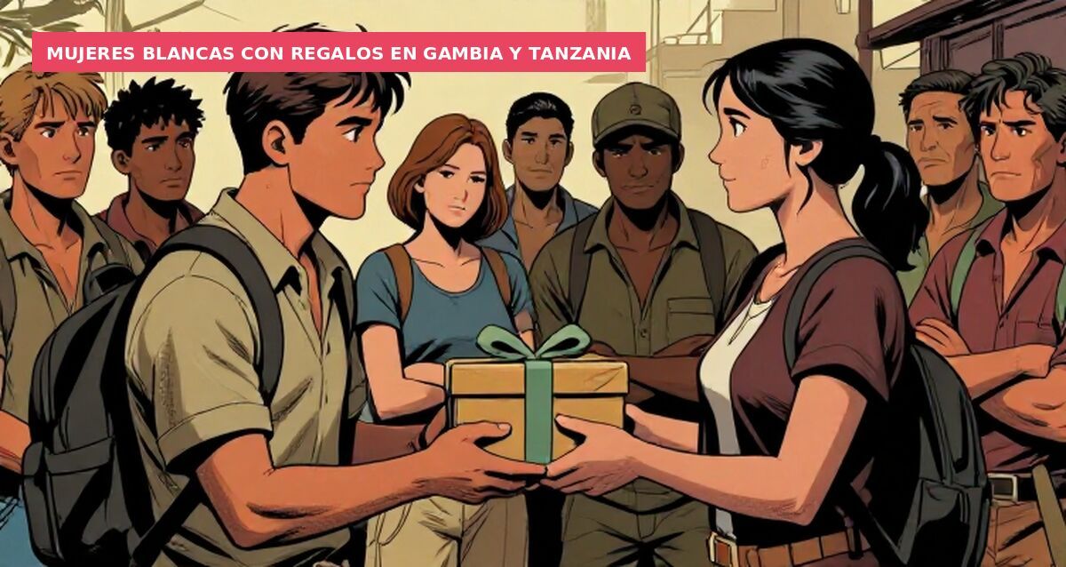 Mujeres blancas con regalos en Gambia y Tanzania