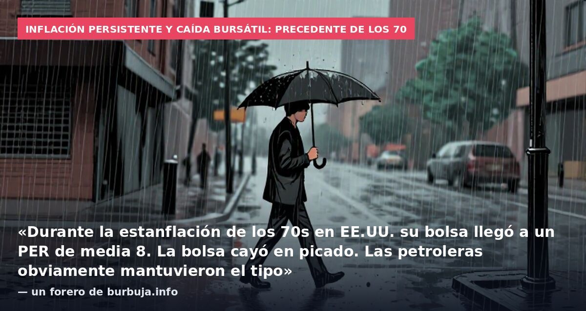 Inflación persistente y caída bursátil: precedente de los 70: «Durante la estanflación de los 70s en EE.UU. su bolsa llegó a un PER de media 8. La bolsa cayó en picado. Las petroleras obviamente mantuvieron el tipo» — un forero de burbuja.info